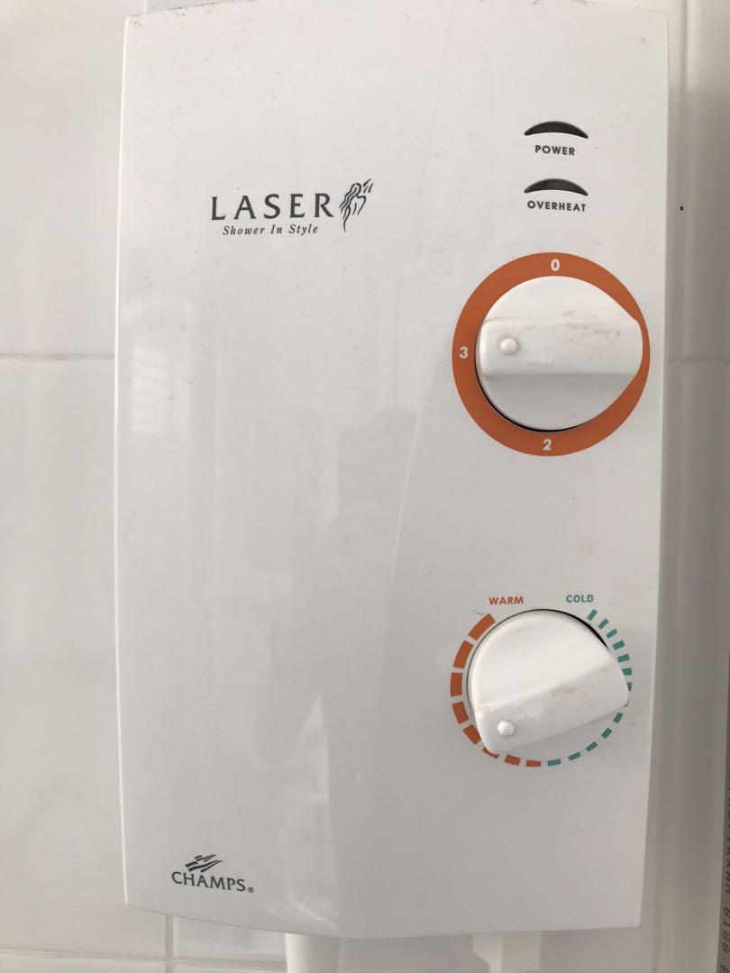 CHAMPS Laser Instant Water Heaters with shower heads and holders, TV