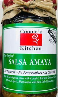 Connie’s Kitchen Salsa Amaya Olive Oil Based Pasta Sauce with Tuyo, Olives, Capers, Mushrooms, Tomatoes