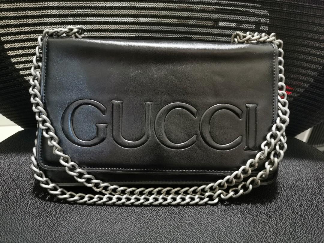 Gucci Black Xl Embossed Chain Strap Bag
