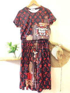 Korean terno black and red pleated skirt and top printed