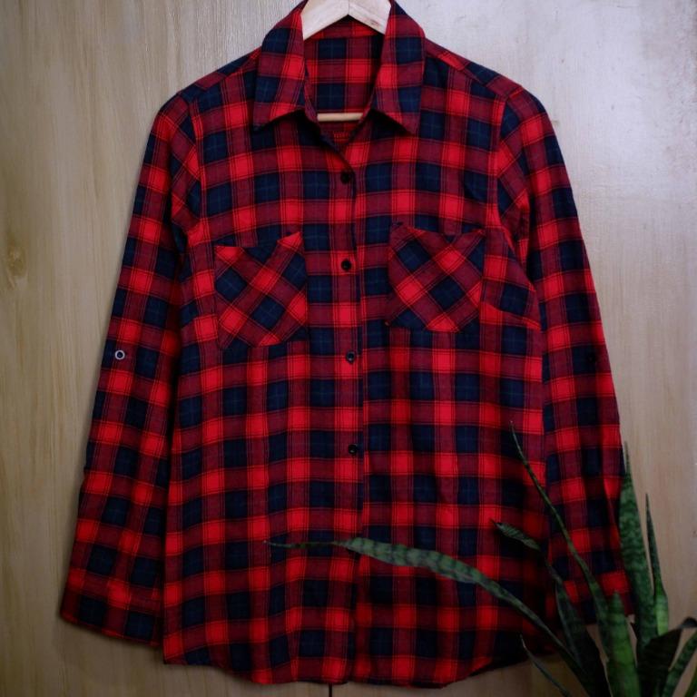 Red checkered polo long sleeves cheap