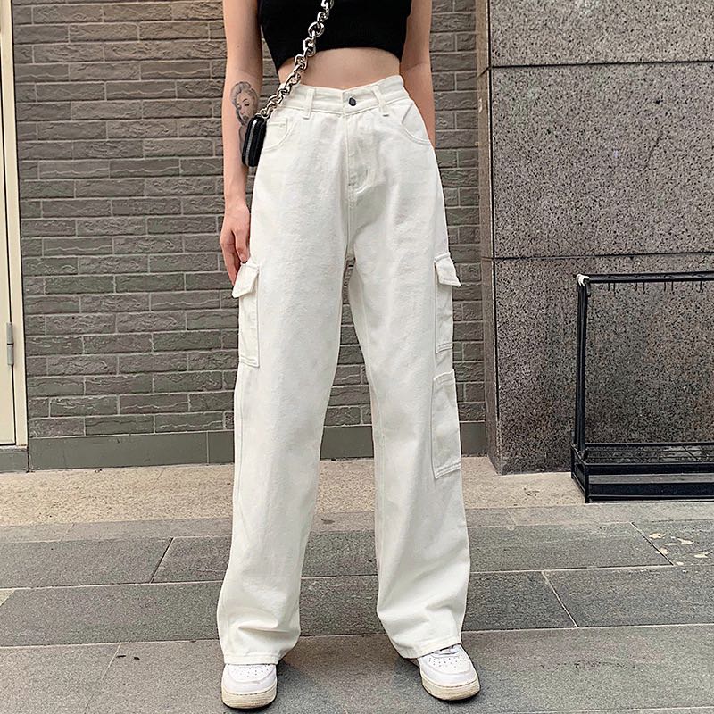 White wide leg cargo pants, Women's 