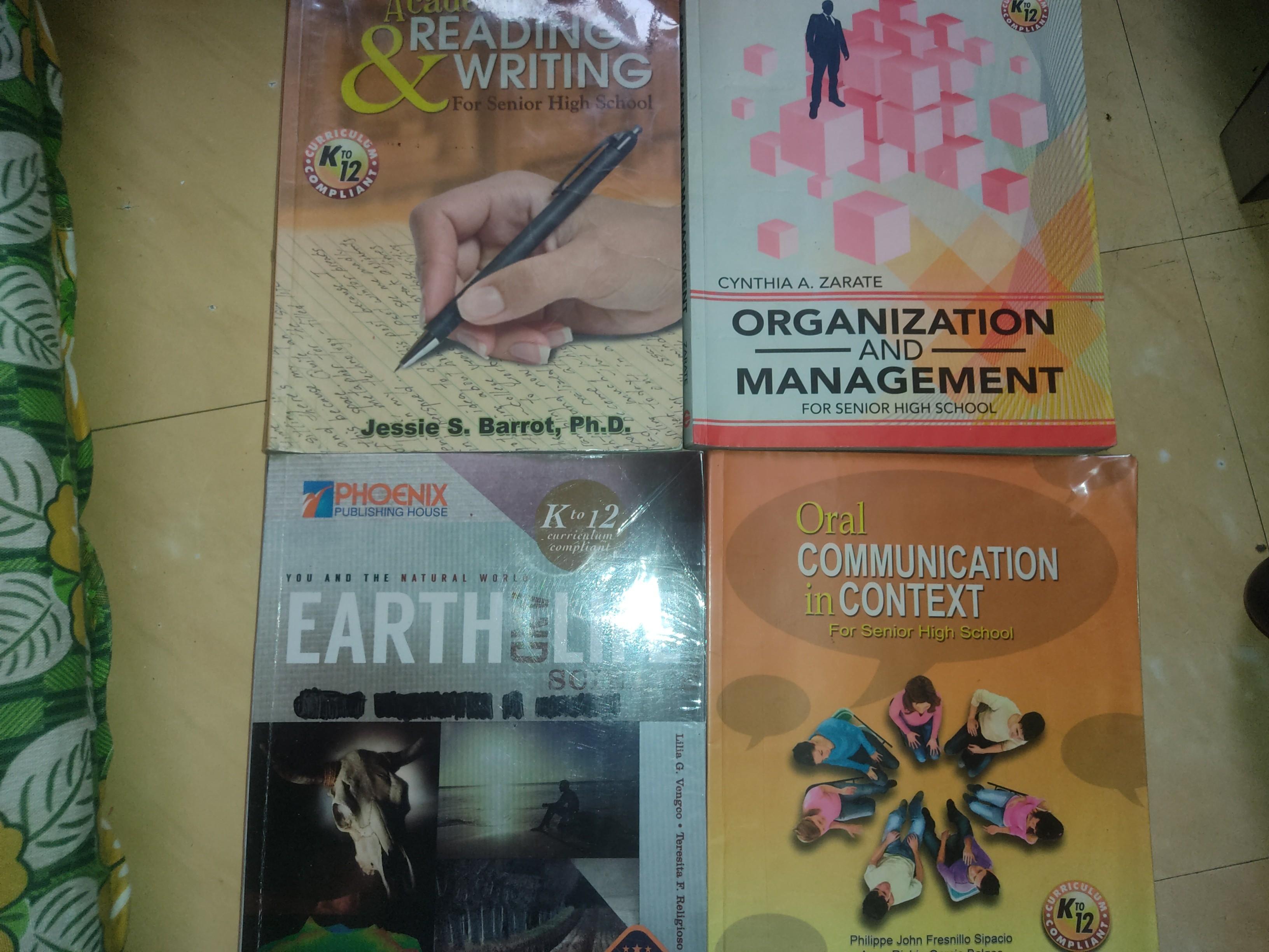 SHS BOOKS (Category: Textbooks) located in Caloocan City. Submitted by cutiekikker (Listing ID 1106694373, Image 1). Description: GRADE 11 ABM SHS BOOKS (All books are well used and some have writings; prices of each vary) (there are books that are like new too :))) —[SOLD] Academic Reading & Writing (C&E Publishing; Jessie S. Barrot) = 150 pesos —Organization and Management (C&E Publishing; Cynthia A. Zarate) = 125 pesos —Oral Communication in C