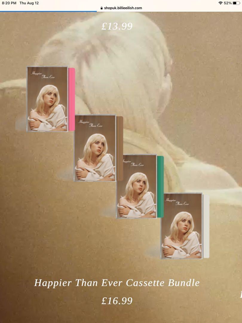 Happier Than Ever Cassette/Cassette Bundle (Category: CDs & DVDs) located in Manila. Submitted by stefandraboutique (Listing ID 1106746295, Image 1). Description: 🚨Billie Eilish Happier Than Ever cassettes available from us! SALE 1 cassette: 999 php Complete cassette collection: 2990 php Message us to order! .