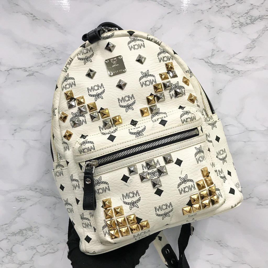 Mcm white studded backpack online