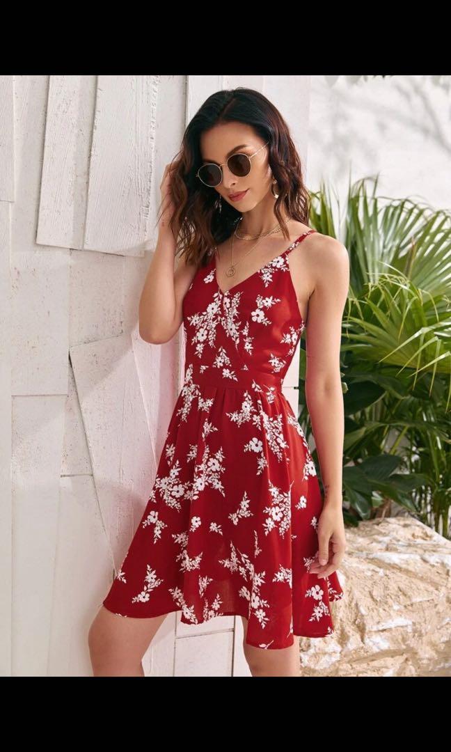 Red floral cheap dress short