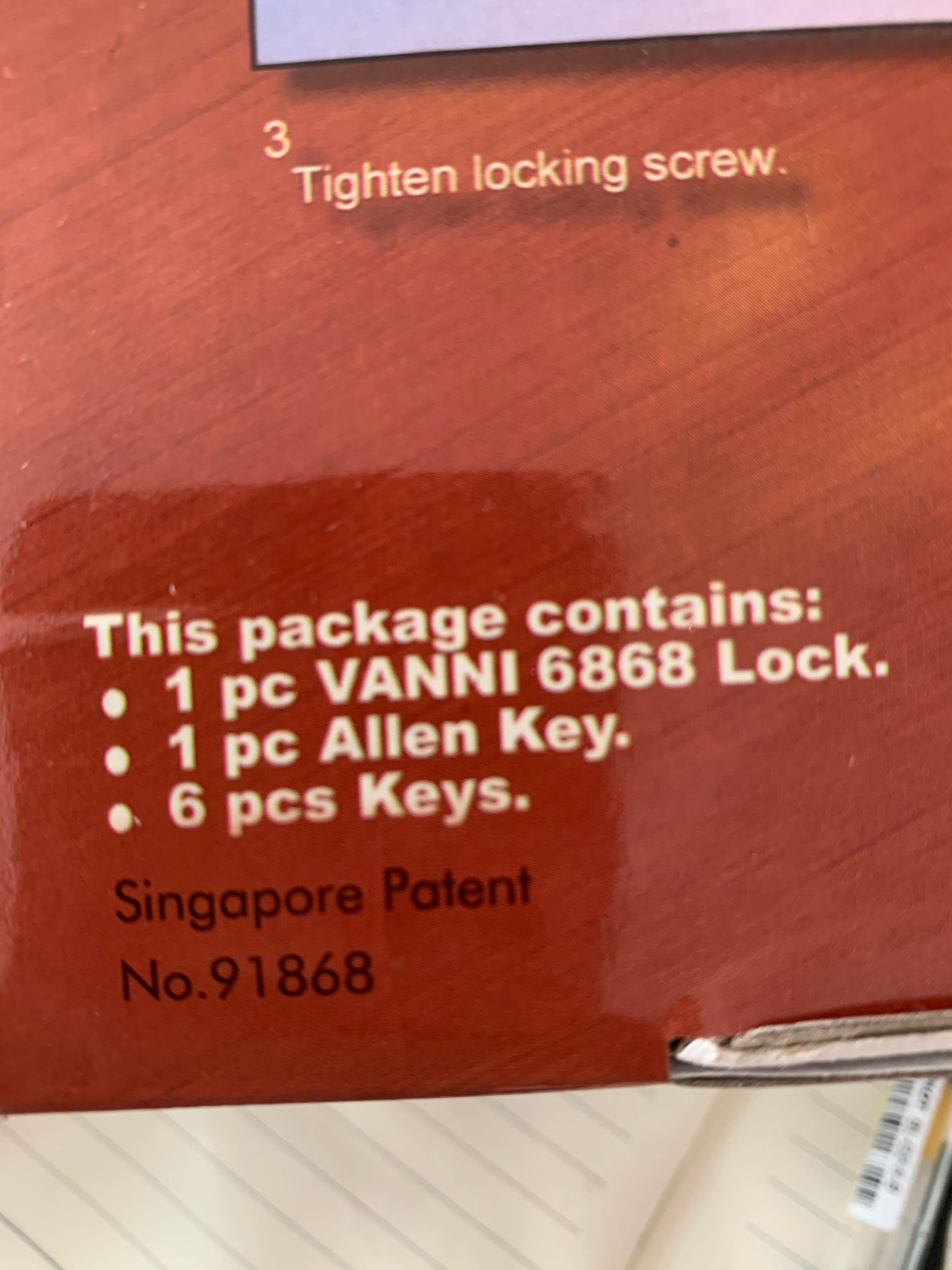 Security lock (Category: Locks, Doors & Gates) located in Singapore. Submitted by runwayapparel (Listing ID 1104208644, Image 2). Description: Comes with 6 original keys and 1 allen key.