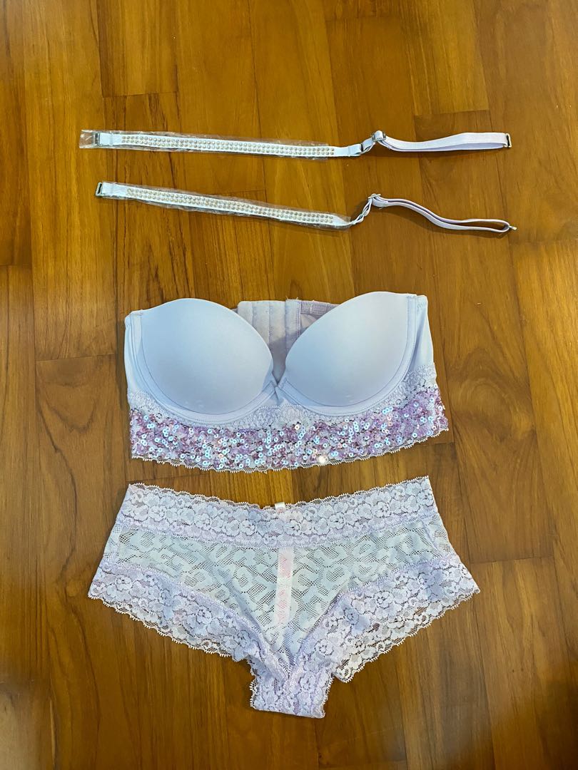 Victoria's secret pink bra set - purple lace and sequins, Women's Fashion,  New Undergarments & Loungewear on Carousell
