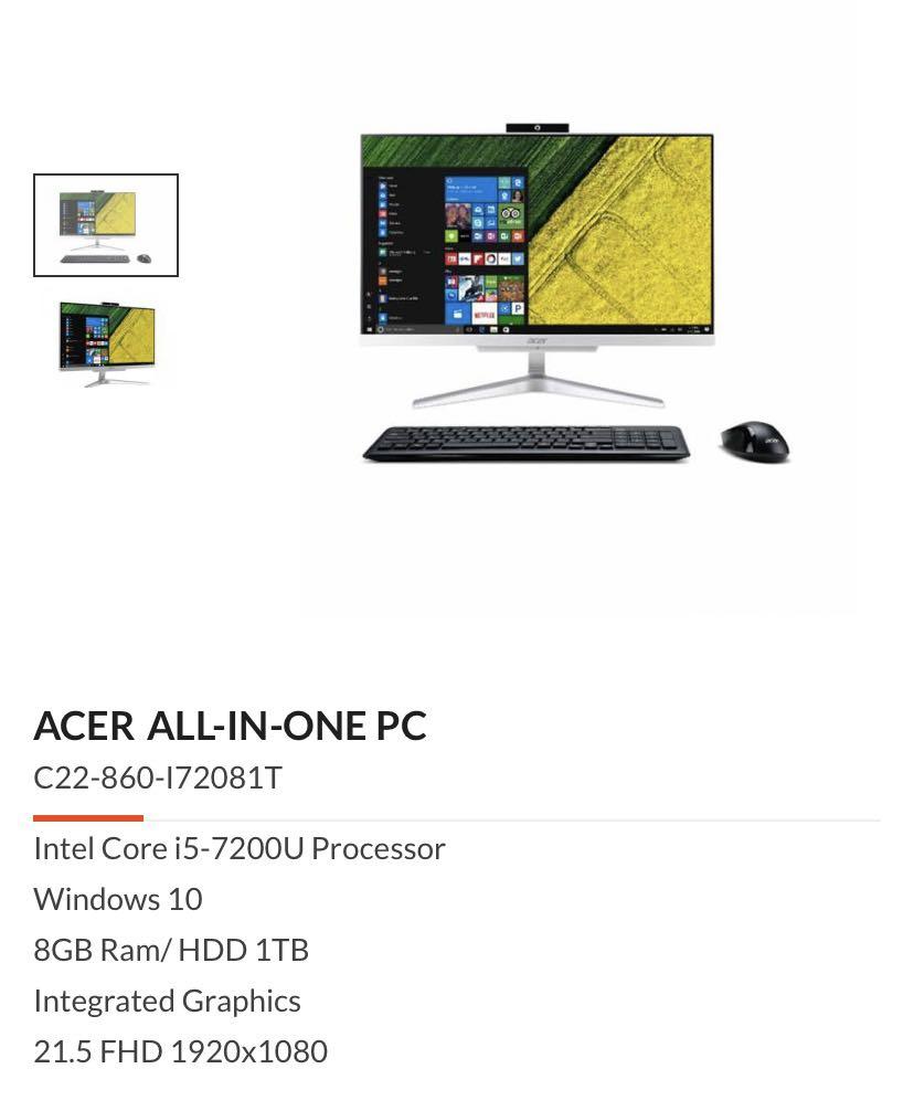 Senkronize Apartman göz  Monitor Desktop Computer Acer Aspire C22-860 , Computers & Tech, Desktops  on Carousell