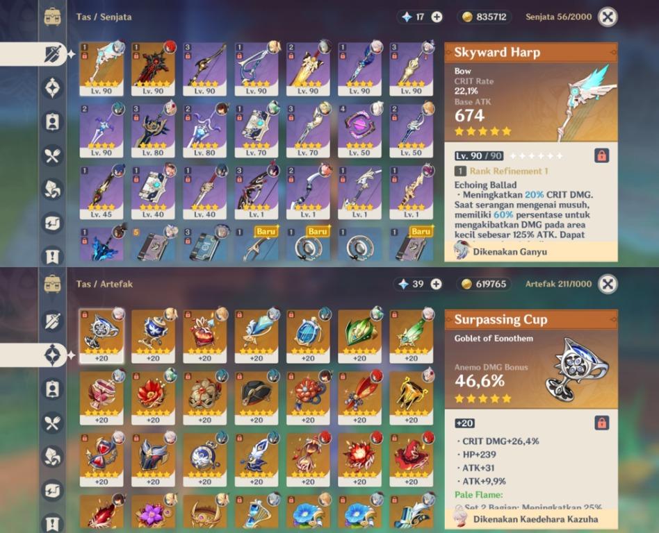 Diluc + Wolf Gravestone, Ganyu + Skyward Harp, Kazuha, Qiqi Genshin