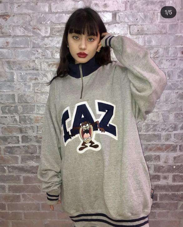 Flower Peacock 孔雀花子古著taz灰色半拉鍊衛衣 她的時尚 上衣在旋轉拍賣