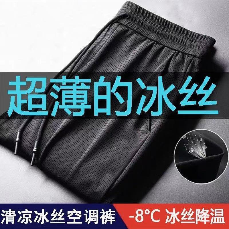 Men's Ice Silk Pants Elastic Trousers Big Pockets Casual Bottoms Thin Plain