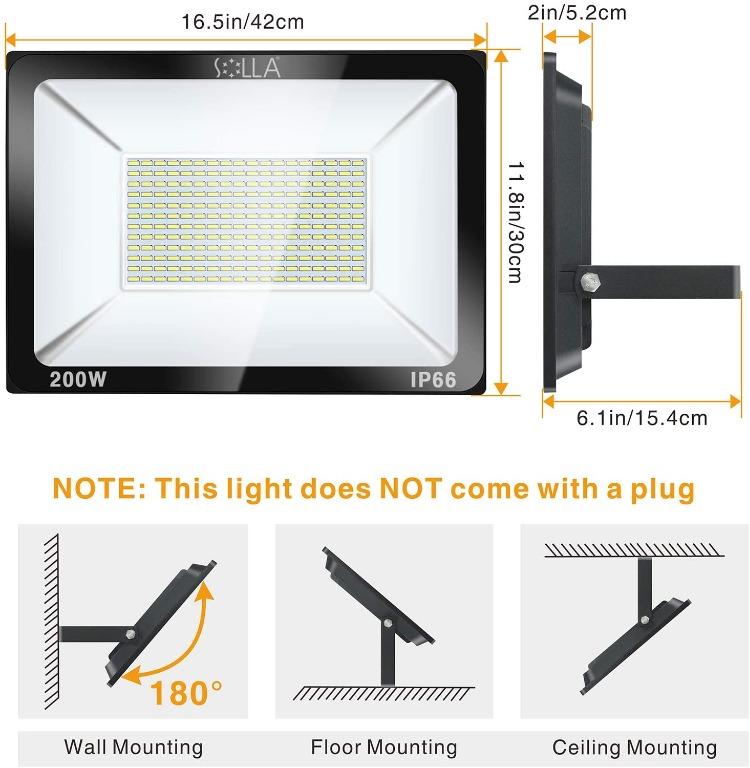 SOLLA Dimmable 200W LED Flood Light, IP66 Waterproof, 16000lm, 1060W  Equivalent, Super Bright Outdoor Security Lights, 6000K Daylight White, Outdoor  Floodlight for Garage, Garden, Lawn and Yard [849], Furniture  Home Living,