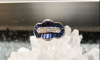 🈹️🈹️🈹️18K 藍梯方寶石金鑲鑽石介子（17圈位）/18K Sapphire ladder shape with diamonds ring (size 17)64205289462786110