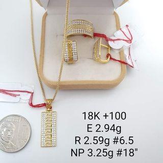 18k Saudi Gold Necklace Chain 18" + Earrings + Rings Fendi-Patterned Set (F)