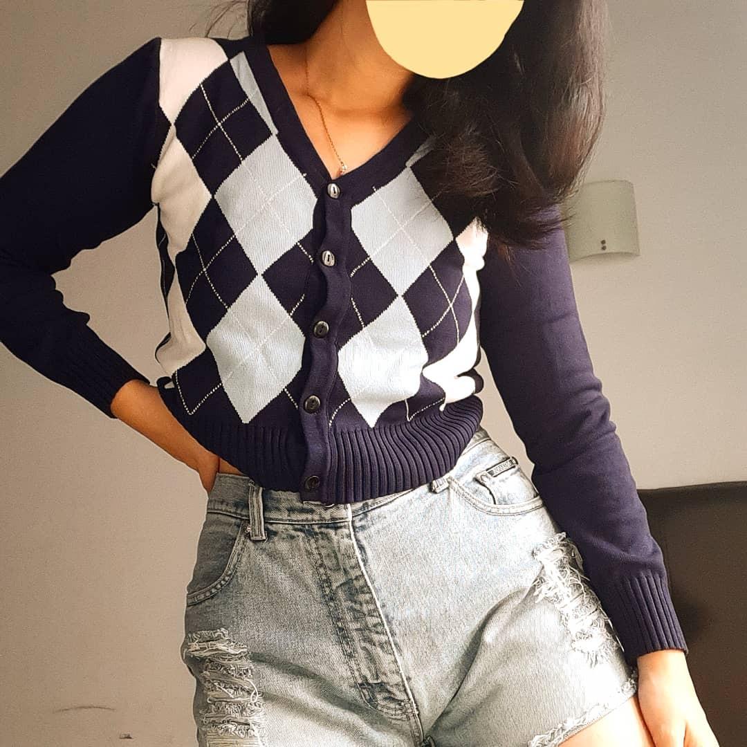 Argyle cardigan brandy melville dupe, Fesyen Wanita, Pakaian
