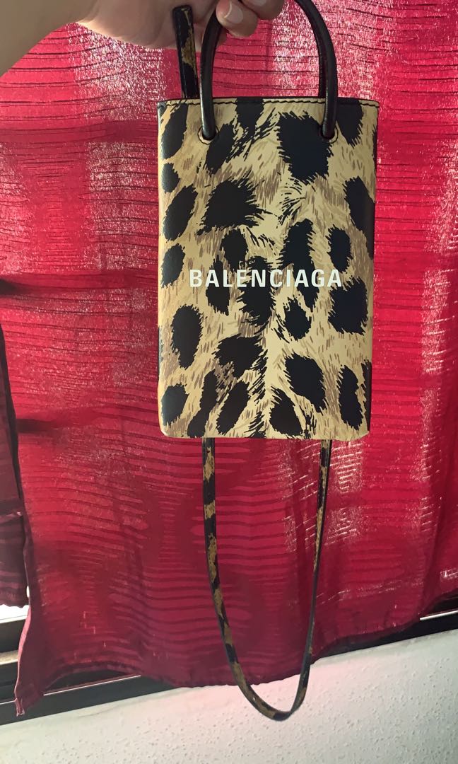 Balenciaga Shopping Phone Holder Bag Leopard Print, Women's Fashion