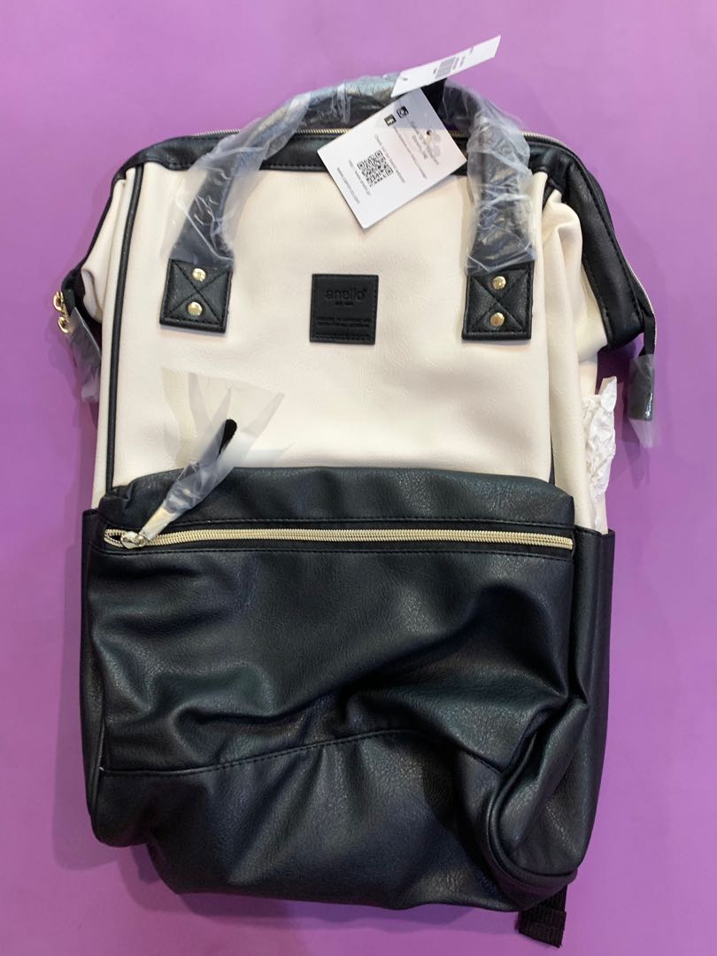 Brand New Anello White Black Leather Backpack Women s Fashion