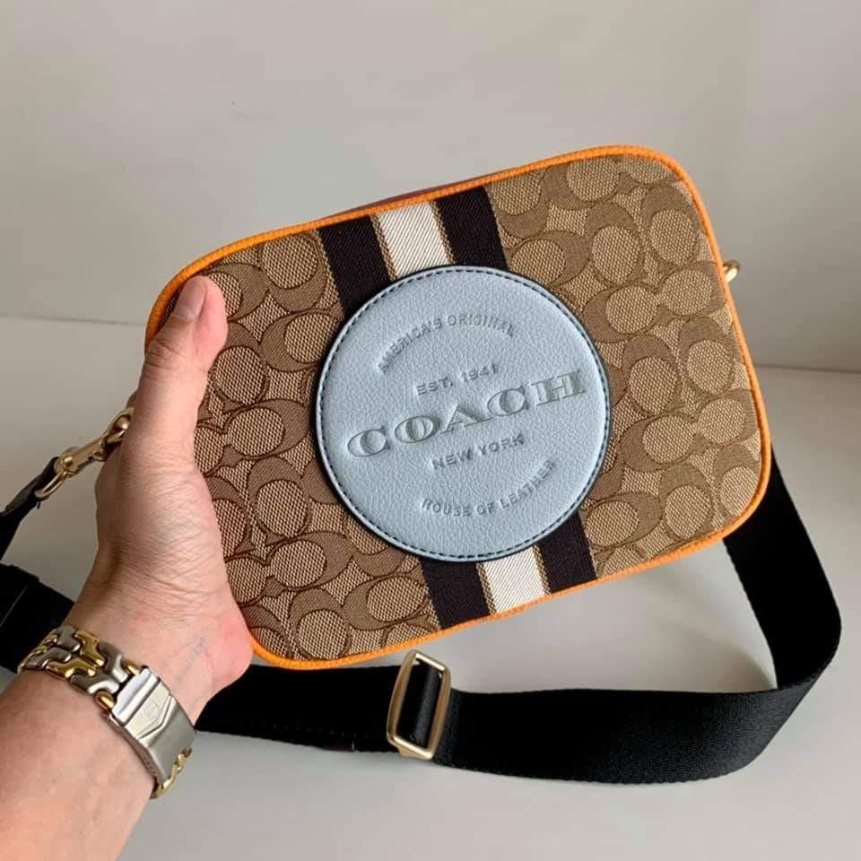Authenticated Used COACH coach shoulder bag pochette crossbody Dempsey  camera with tiger print C6953 honey black