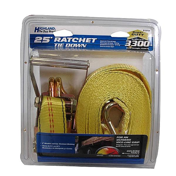 Highland 25ft Ratchet Tie Down (Category: Construction Tools & Equipment) located in Caloocan City. Submitted by dianethriftstore (Listing ID 1107078412, Image 1). Description: Super duty Ratchet Tie Down with double J-Hooks Precise tension adjustment to tighten down your cargo Ultimate vise-like gripping power Load capacity of 3300 pounds 10,000 pound break strength capacity.