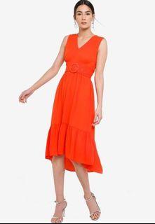 Plunge Neck Tiered Dress - Orange Red