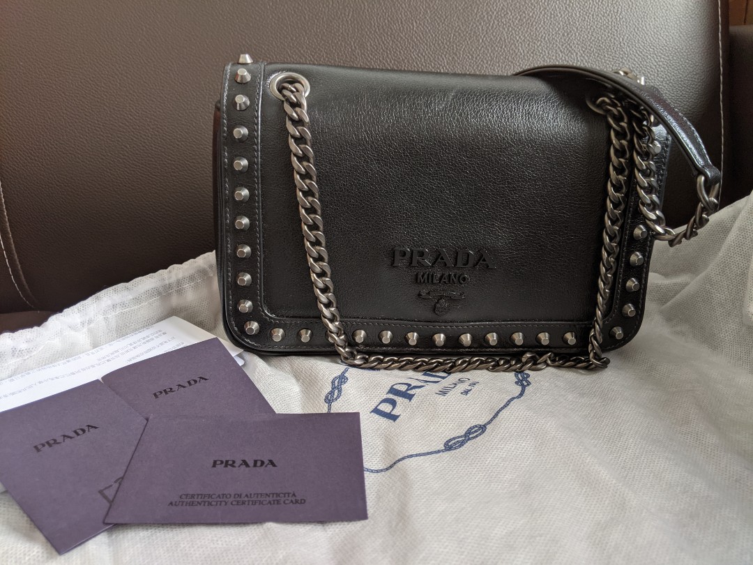 Prada Pattina Black Calf Leather Studded Flap Chain Crossbody Bag 