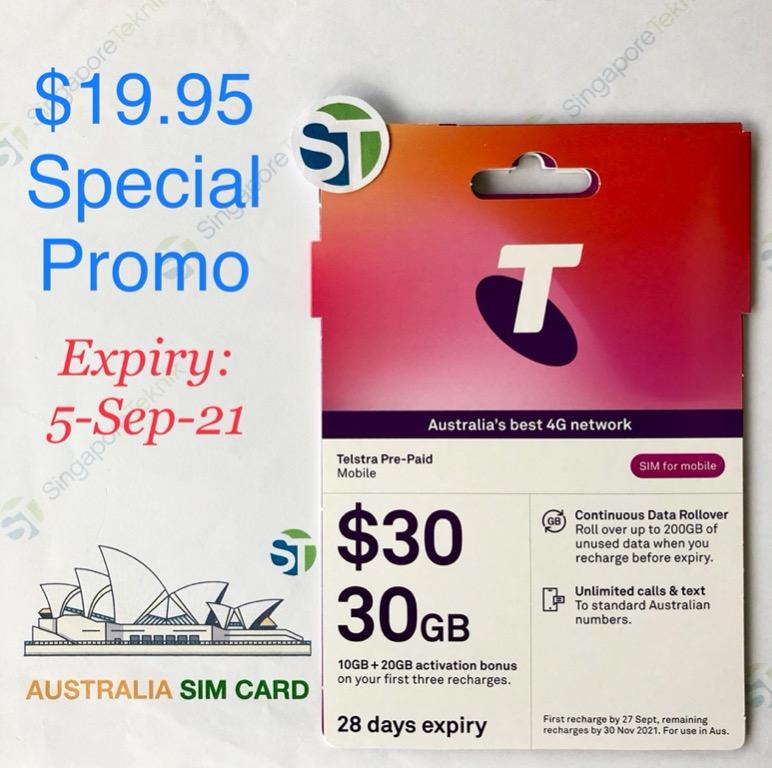 Promo Telstra 30 SIM CARD Australia Prepaid 30GB Data FREE Voice