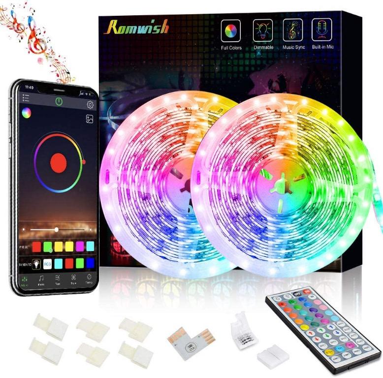 Romwish LED Strip Lights 32.8ft Smart Bluetooth LED Light Strip RGB Color Changing Sync to Music App Control 44 Key Remote Control Timing