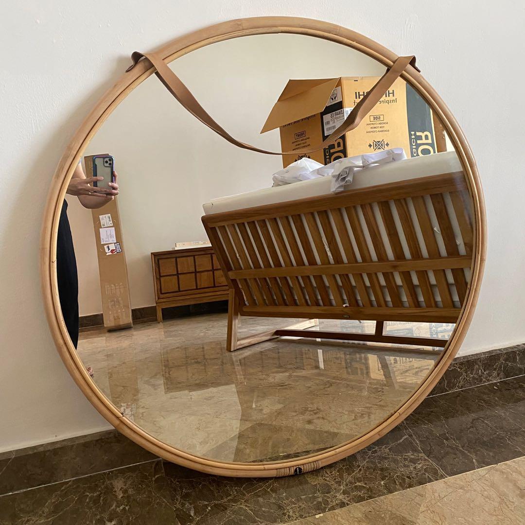 Frame Kaca Rounded Round mirror / kaca bulat besar rotan diameter 98 cm, Perabotan Rumah ...