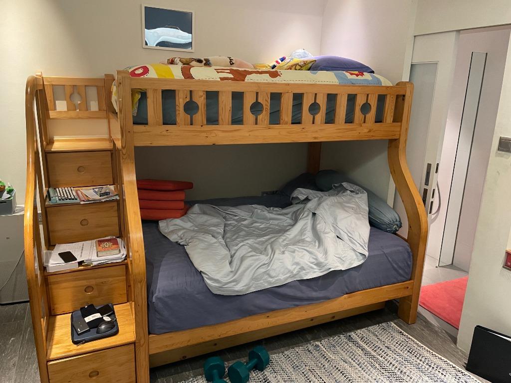 Solid wood bunk bed (Category: Bed Frames & Mattresses) located in Singapore. Submitted by grastaman (Listing ID 1107054590, Image 1). Description: lovely bunk bed that we have outgrown. want to move immediately so thats why its so inexpensive. comes with top mattress (Serta) and roll out bottom (extra foam mattress) that tucks under bed. Hurry for this great deal- I will default to the easiest buyer as Im busy moving house. .