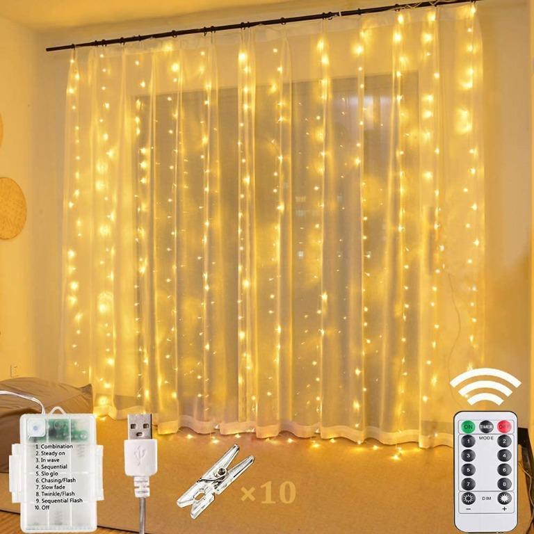 LED Curtain Lights,New-USB Fairy Lights,IP67 Waterproof,8 Modes,3M × 3M Window 