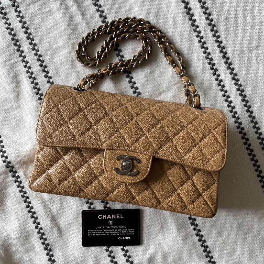 AUTHENTIC CHANEL Caviar Dark Beige Small 9” Classic Flap Bag Silver  Hardware 🤎FULL BOX SET, Luxury, Bags & Wallets on Carousell