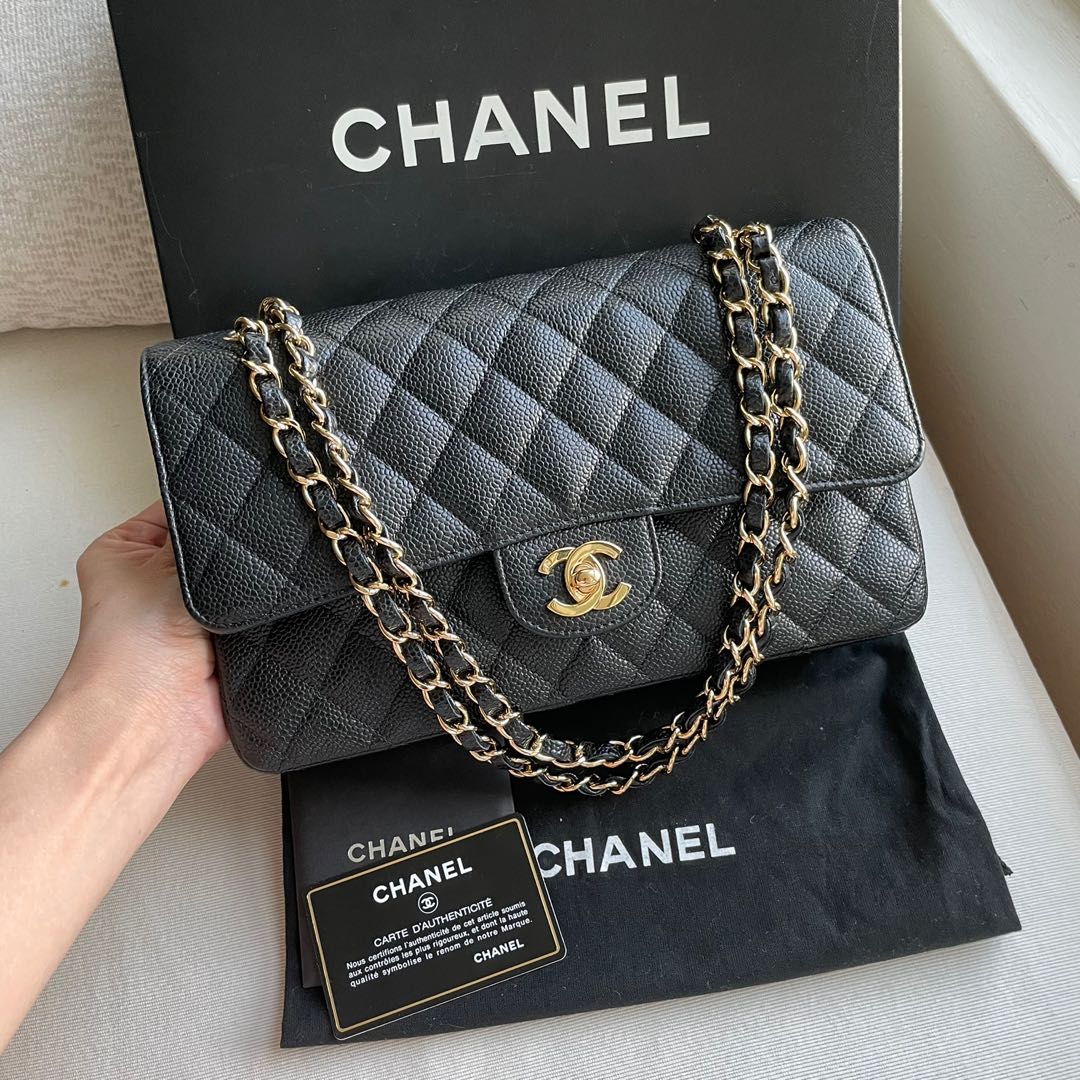 SOLD**AUTHENTIC CHANEL Caviar Medium 10” Classic Flap Bag 24k Gold Hardware❤️, Luxury, Bags Wallets on Carousell