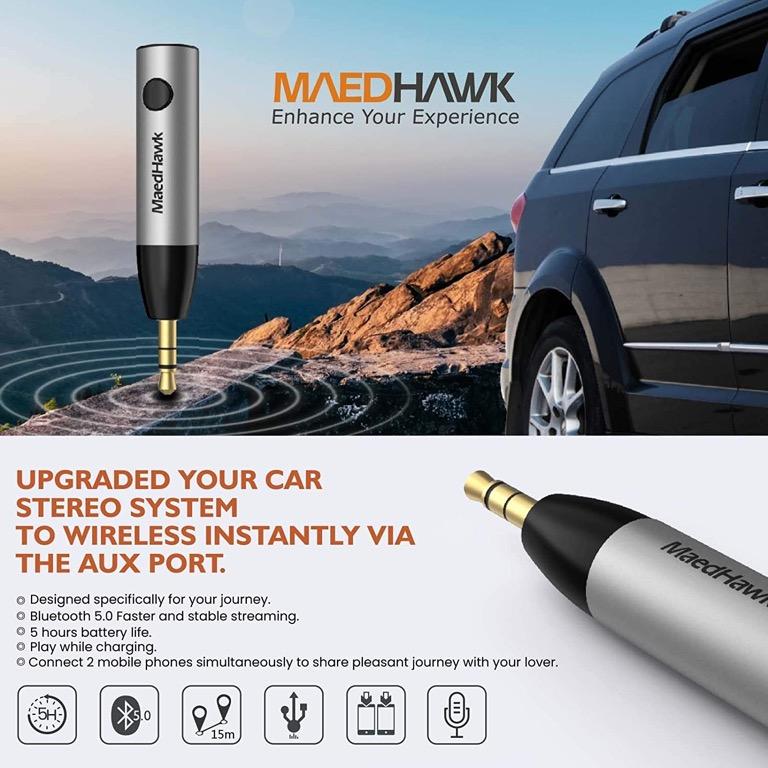 3.5mm Bluetooth Aux Adapter for Car - Maedhawk Stylish Bluetooth 5.0  Receiver with Noise Cancelling and Headphone Jack for Truck Home Stereo  Headphones Speakers Music Streaming 