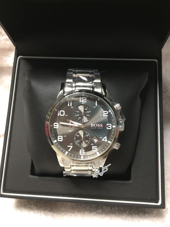 Hugo Boss Aeroliner Chronograph Black Dial Black Leather Strap Watch For Men - 1512448