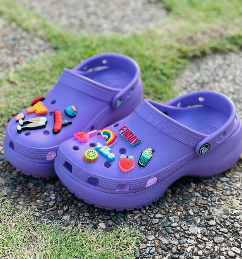 Purple (orchid) bae crocs platforms, Women's Fashion, Footwear, Flipflops  and Slides on Carousell