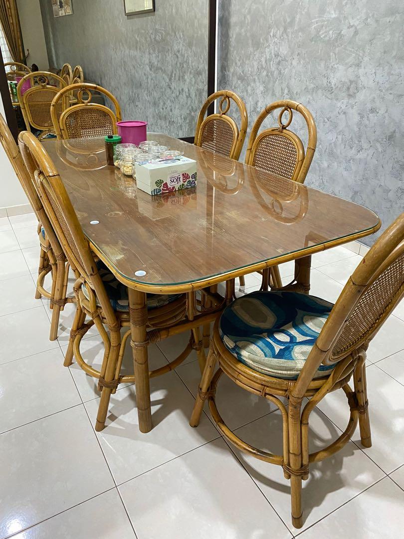 Vintage Fully Rattan 6 Seaters Dining Set Furniture Home Living