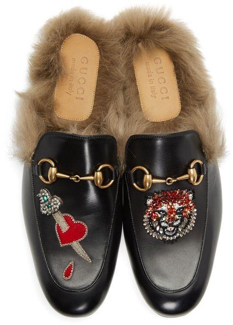 GUCCI sides with fur princetown lion heart applique