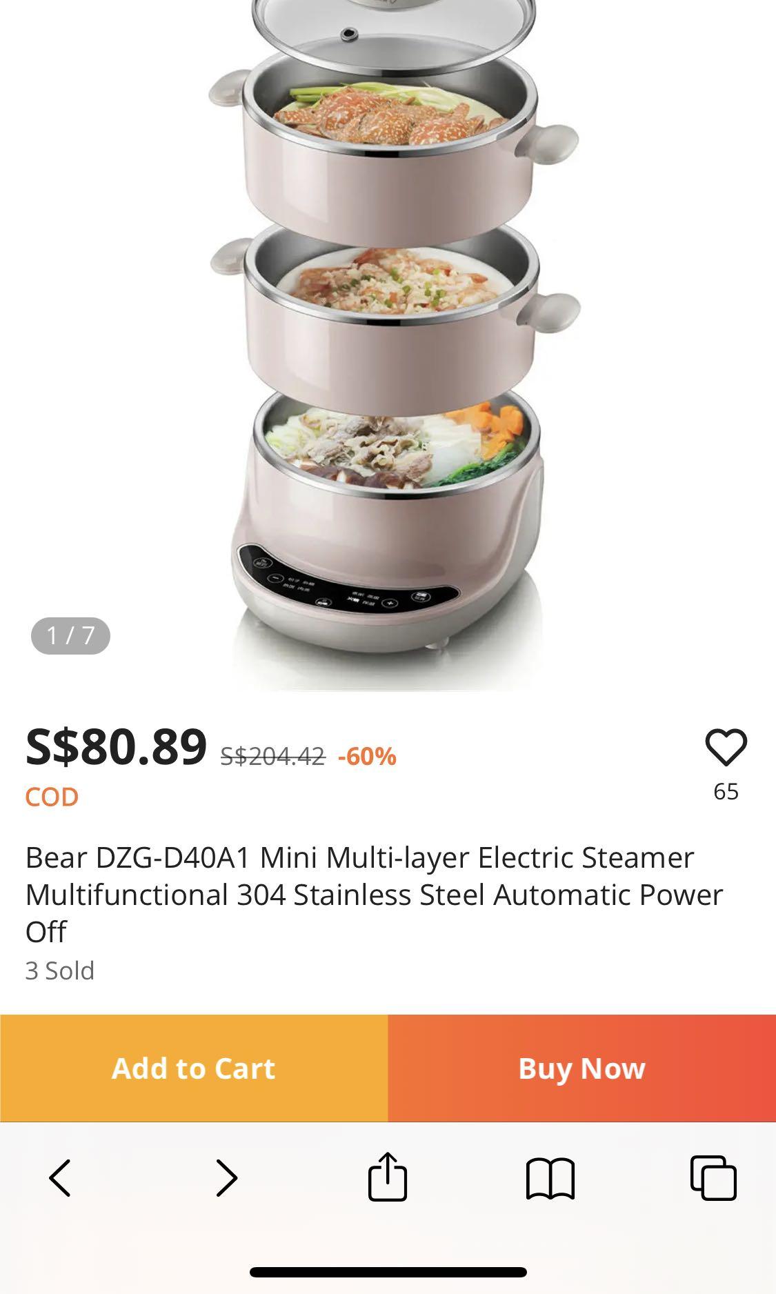 Multiple steamer (Category: Cookers) located in Singapore. Submitted by cissy_yangzx (Listing ID 1107555956, Image 1). Description: Bear DZG-D40A1 Mini Multi-layer Electric Steamer Multifunctional 304 Stainless Steel Automatic Power Off.