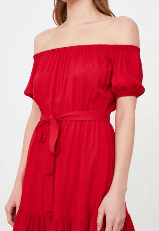 Red off the deals shoulder mini dress