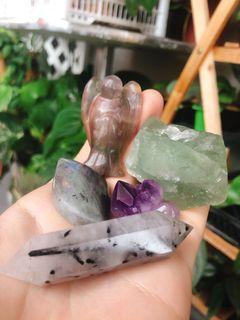 Crystal mix - rutilated quartz, amethyst cluster, fluorite Angel, purple flash labradorite and raw green fluorite