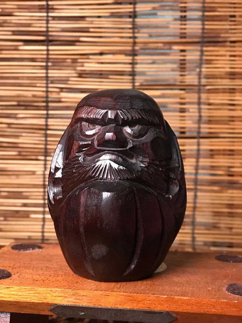 DARUMA Carved Wood Cube Corner Figurine Antique Japanese Netsuke Japan