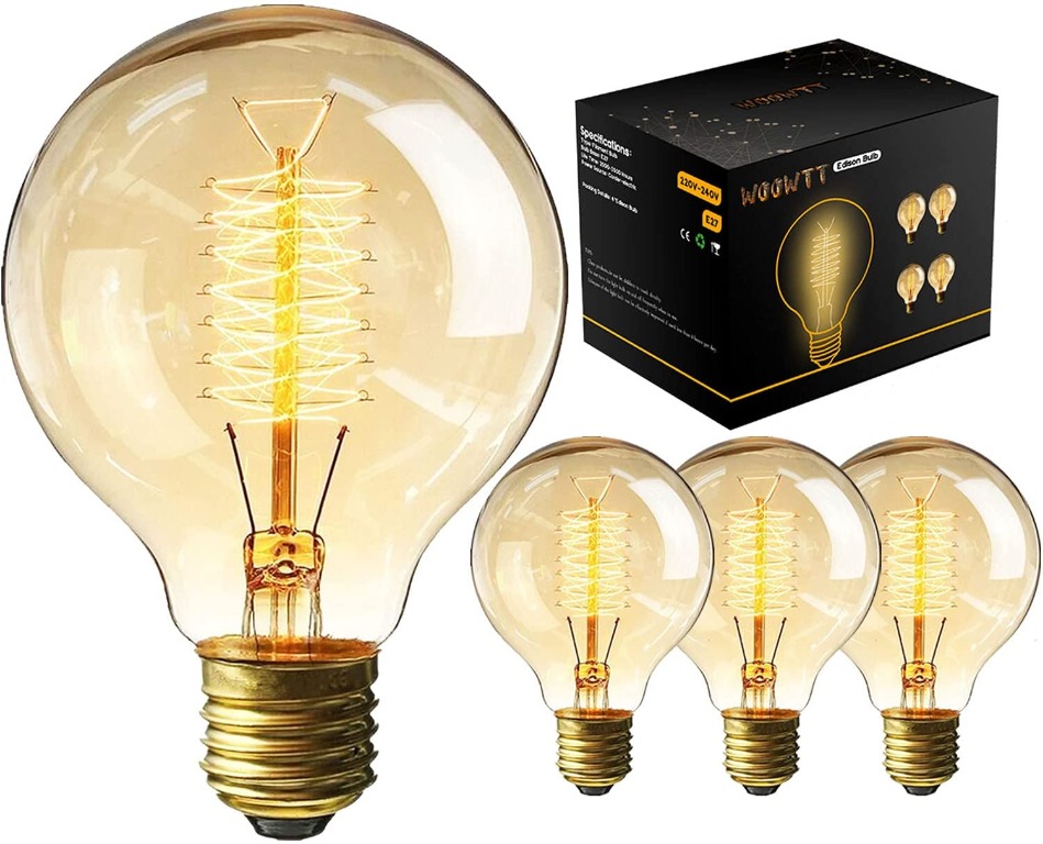 Ampoule Vintage E27,Woowtt Ampoule Edison,Dimmable Ampoule Filament Antique Rétro Ampoules Décorative Globe Lampe,40W G80 E27 220V 4 Pack 