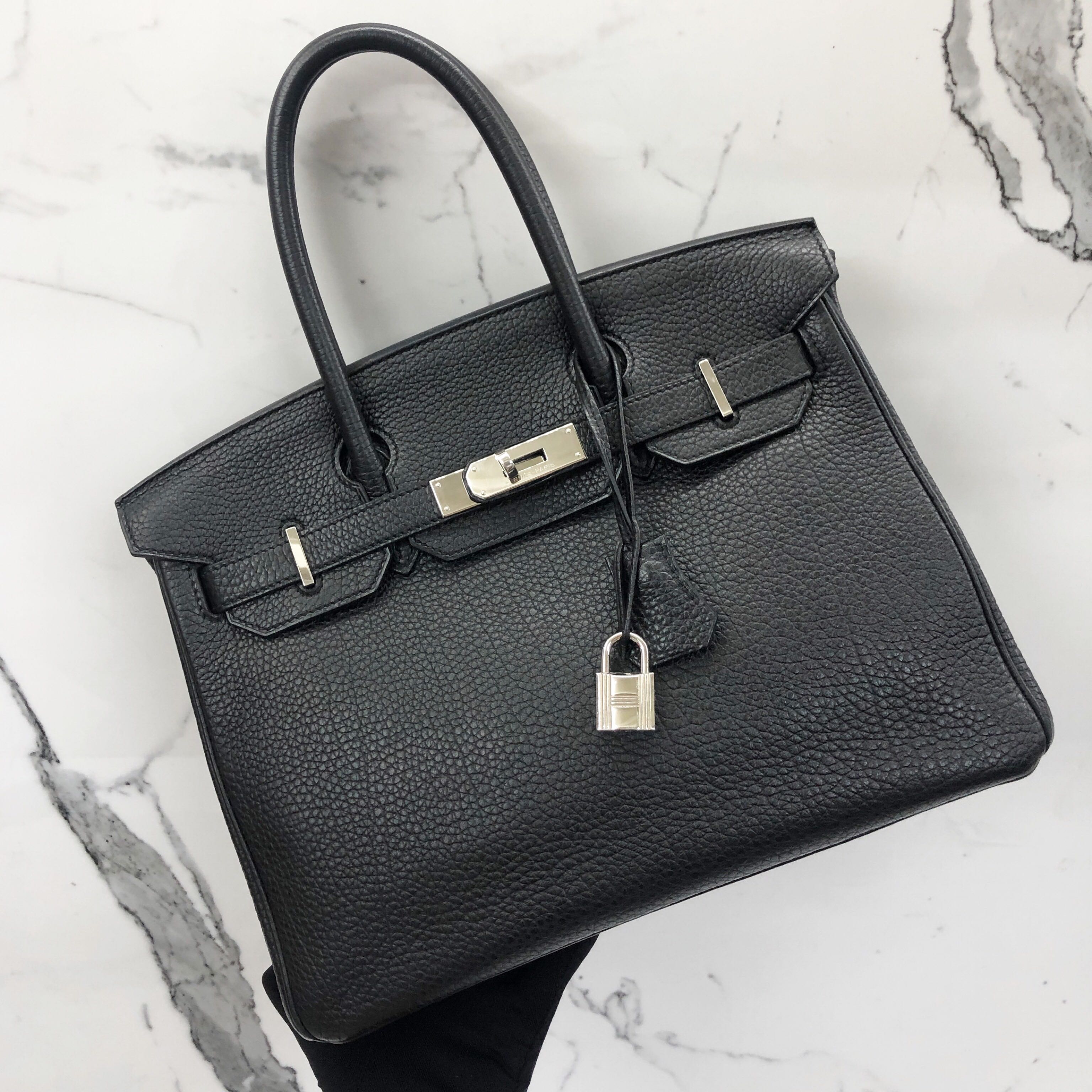 HERMES BLACK BIRKIN W KEY LOCK 30CM PHW O STAMP 217016716