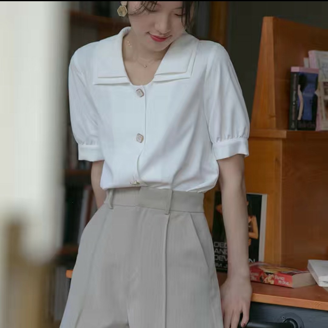 Classic Retro White Button Blouse Abalone Button Tencel