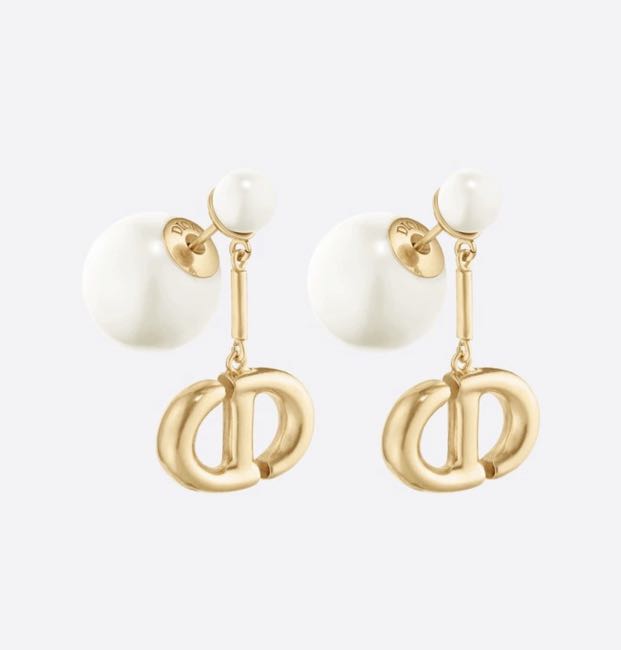 Authentic DIOR TRIBALES EARRINGS Gold-Finish Metal and White Resin 