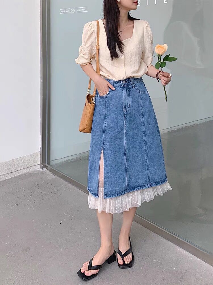 Denim Skirt Patchwork with Tulle Hem and Slit Panel, Women's