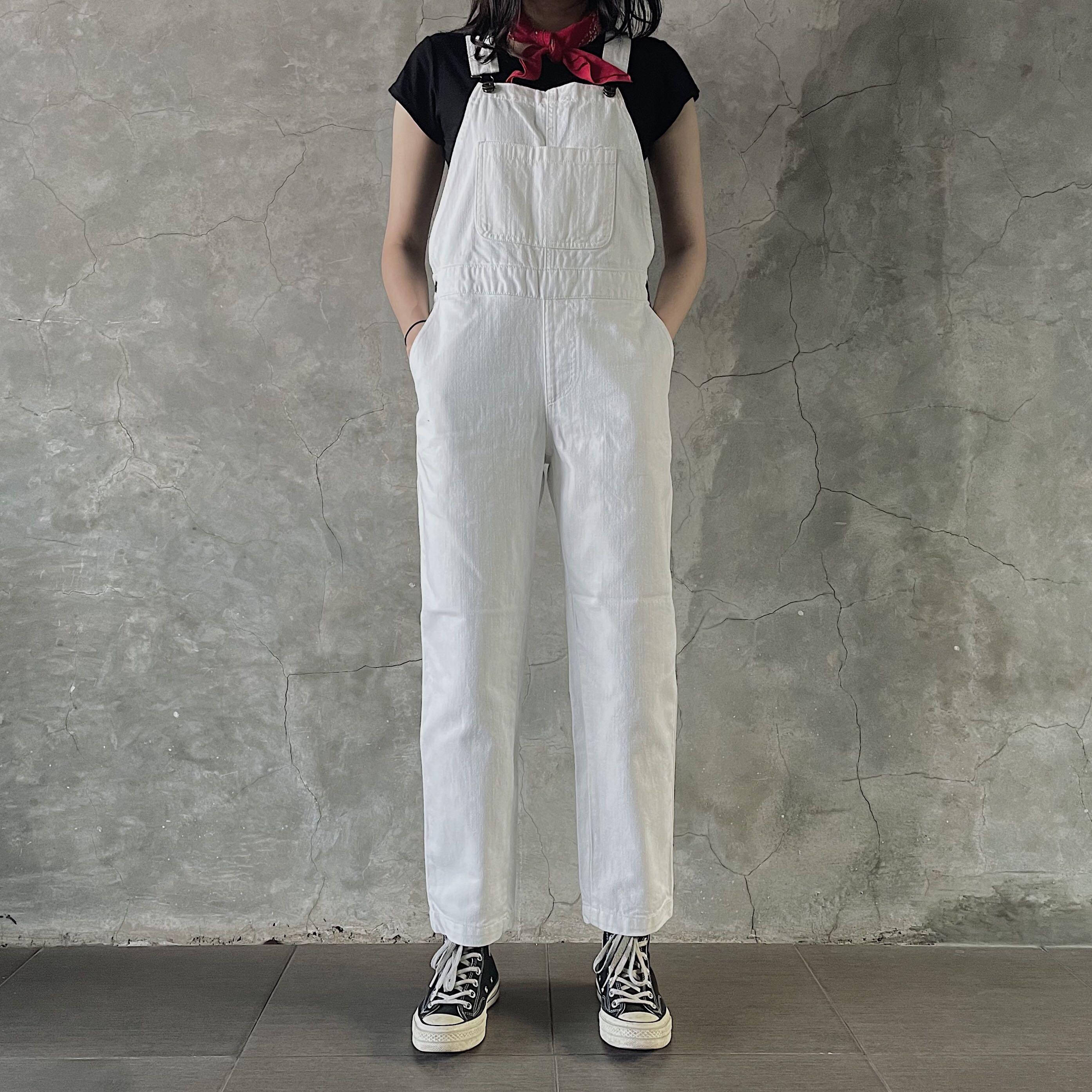 Earth music ecology white putih denim jeans overall baju monyet baju kodok