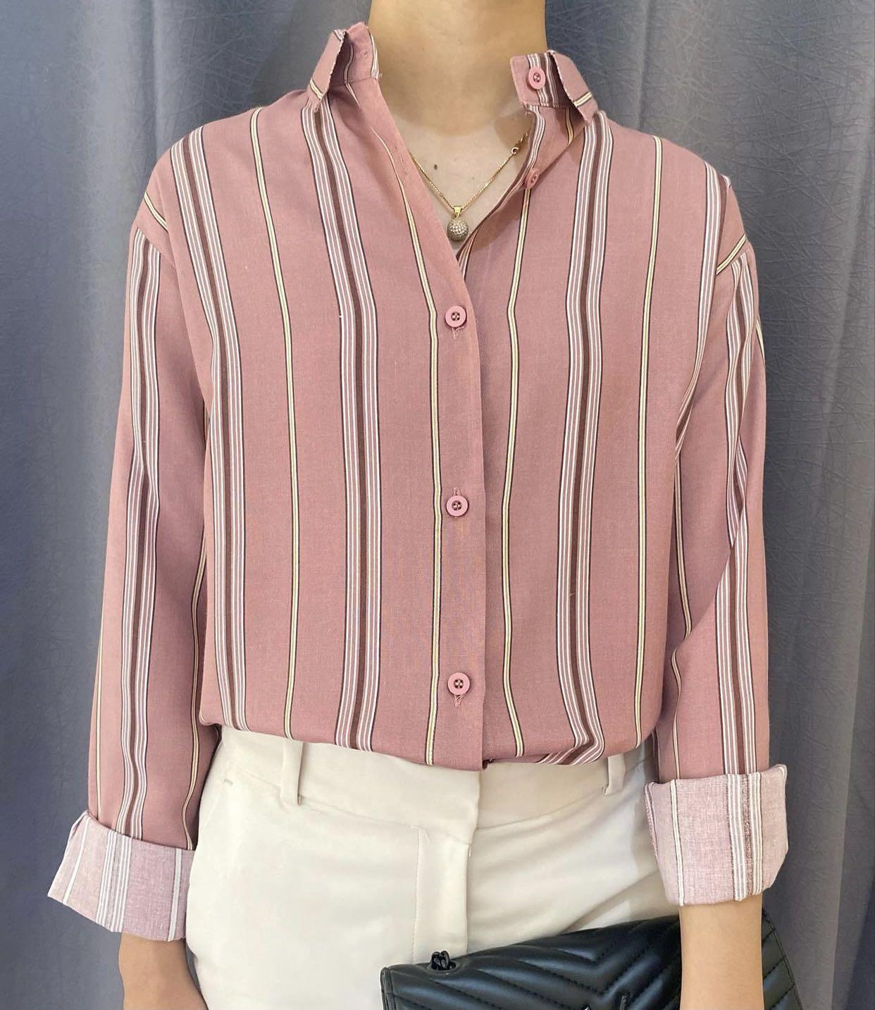 H&m Kemeja HNM STRIPED Atasan Formal, Fesyen Wanita, Pakaian ...