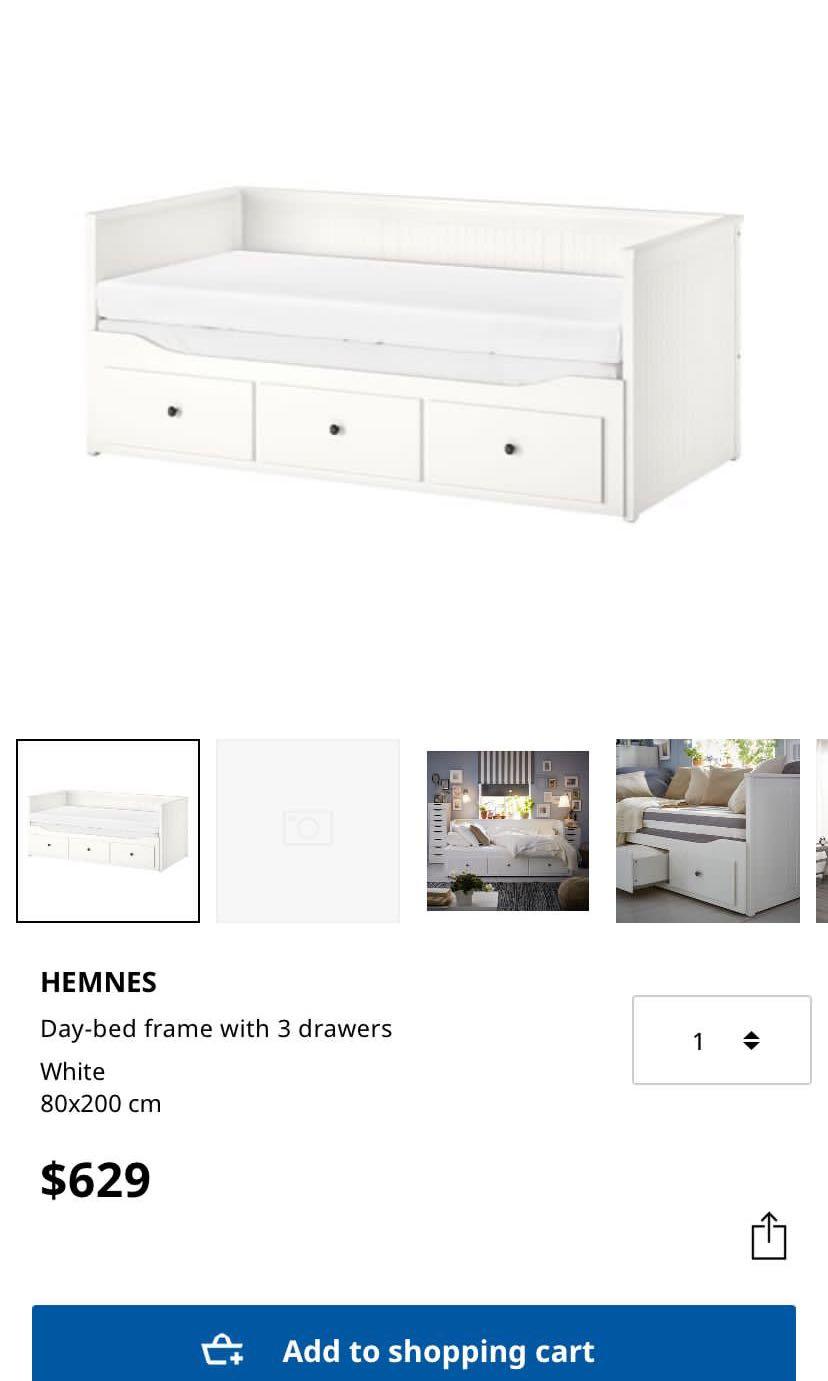 IKEA Hemnes daybed with 3 drawers and gold knobs, Furniture & Home
